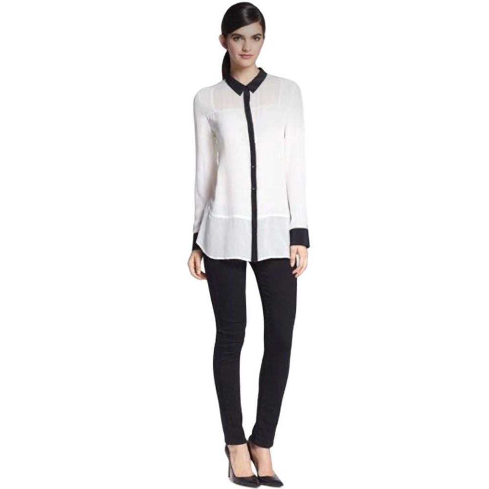 Trouve SX 100% Silk Tonal Panel Tuxedo Black White Button‎ Up Blouse Tiny Flaw
